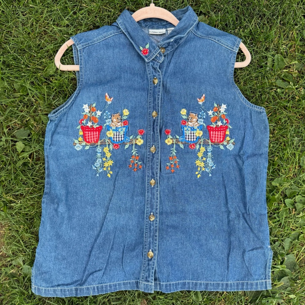 Cabin Creek Denim Vest Med Blue Embroidered Kitten Flower Sleeveless Shirt VTG